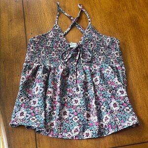 American Eagle Outfitters Pink and Blue Smocked Tie Front Camisole